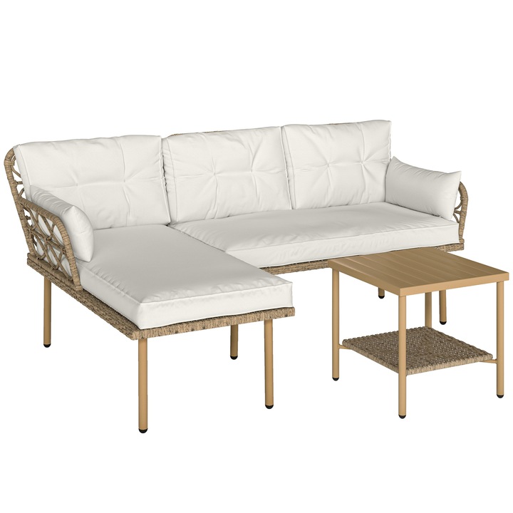 Set mobilier exterior - Outsunny - 4 persoane, 3 piese - cu masuta si perne - ratan impletit - crem