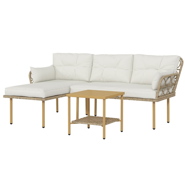 Kültéri bútorszett - Outsunny - 4 személyes, 3 részes - asztallal és párnákkal - fonott rattan - krém