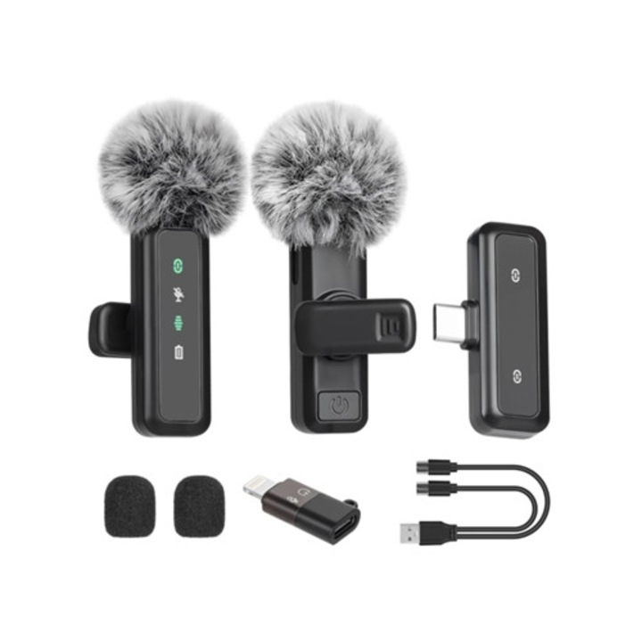 Microfon lavalier wireless, model 2025, mini cu display LED, reducere zgomot, pentru iPhone