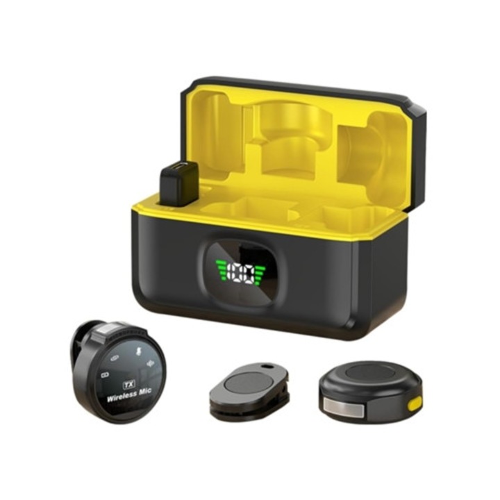 Microfon lavalier wireless 2025 cu clip magnetic, reducere zgomot AI, pentru streaming live si inregistrare