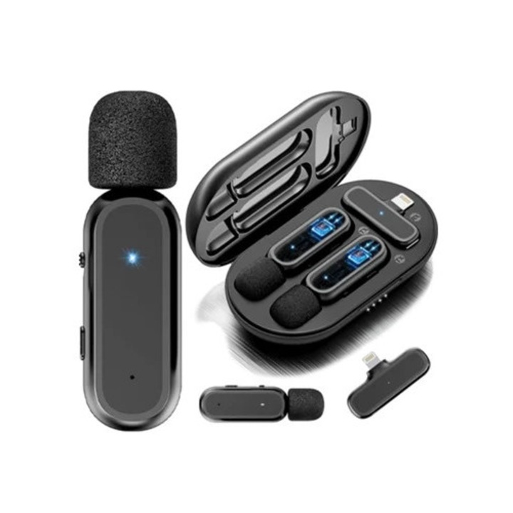 Microfon wireless, estuche de incarcare, plug and play, 12h, 800mAh