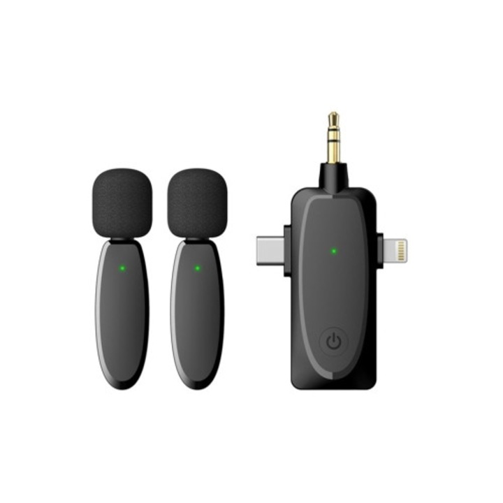 Microfon lavalier wireless 3-in-1, functie de reducere a zgomotului, pentru iPhone, Android, camera