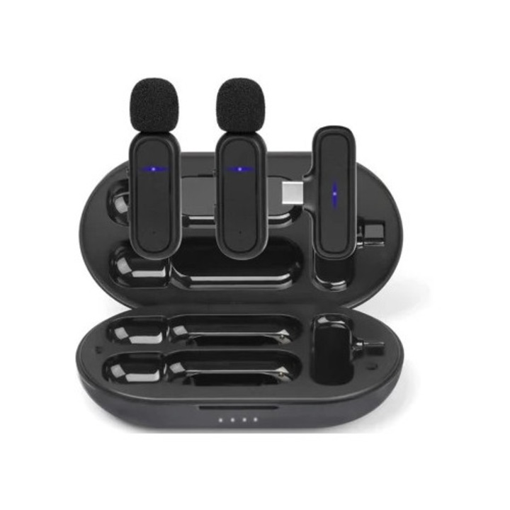Microfon lavalier wireless cu anulare a zgomotului, carcasa de incarcare USB-C