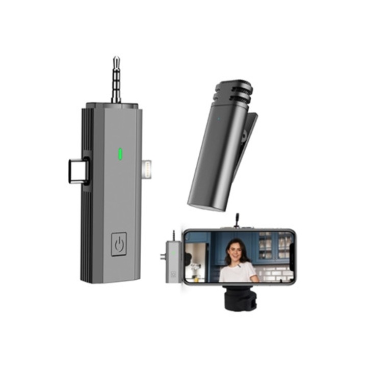 Microfon lavalier wireless 3-in-1, 2025, pentru iPhone, iPad, camera Android, cu clip lavalier.