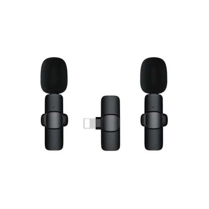 Microfon lavalier wireless S16-s, display digital, negru, set cu suport de incarcare