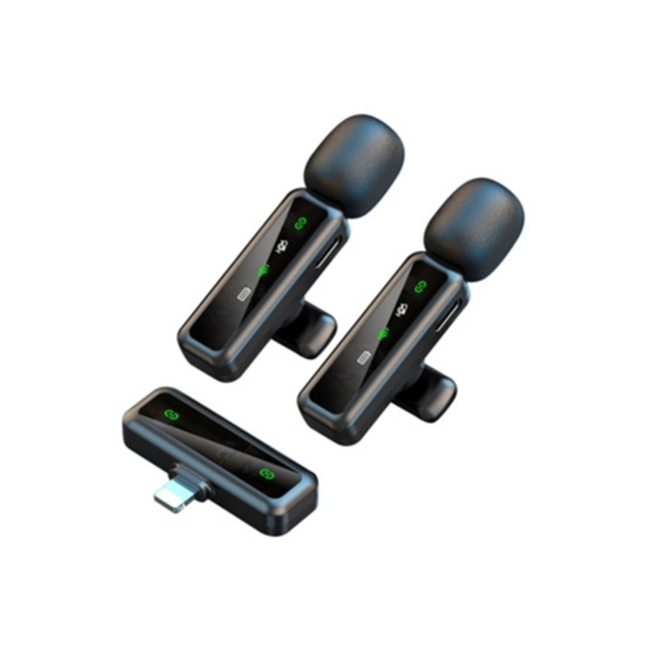 Microfon lavalier wireless, 2 transmitatoare, 1 receptor, reducere zgomot