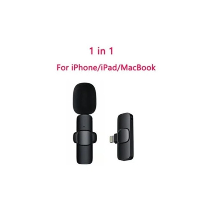 Microfon lavalier wireless portabil pentru inregistrare audio si video, compatibil iPhone si Android, set