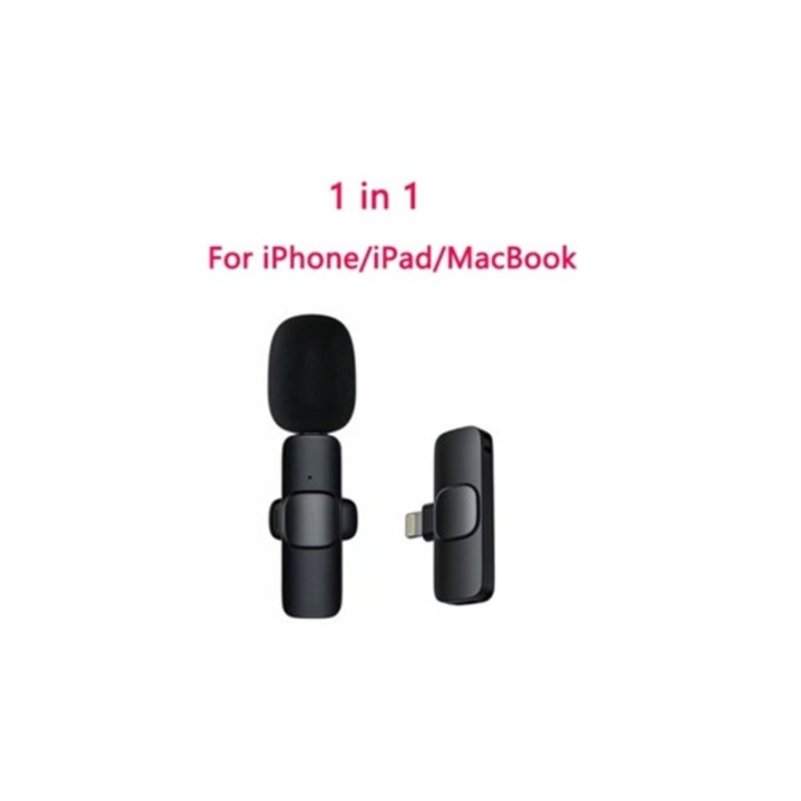 Microfon lavalier wireless portabil pentru inregistrare audio si video, compatibil iPhone si Android, set