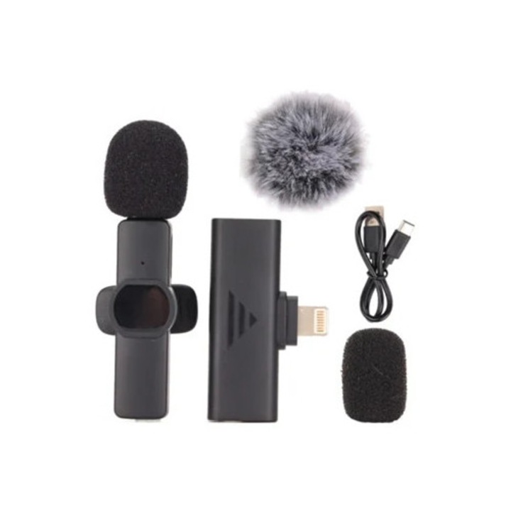 Microfon lavalier wireless, 2.4G, reducere zgomot, clip mini, pentru streaming live si interviuri