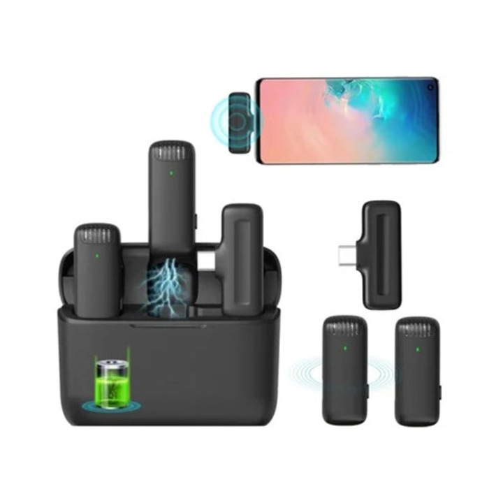 Безжичен микрофон Lavalier, черен, 1 комплект, USB C порт