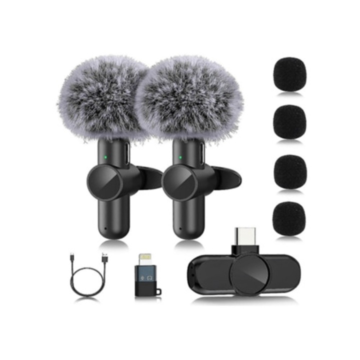 Безжичен Lavalier микрофон (комплект от 2), мини професионален, plug & play, за влогове и стрийминг на живо