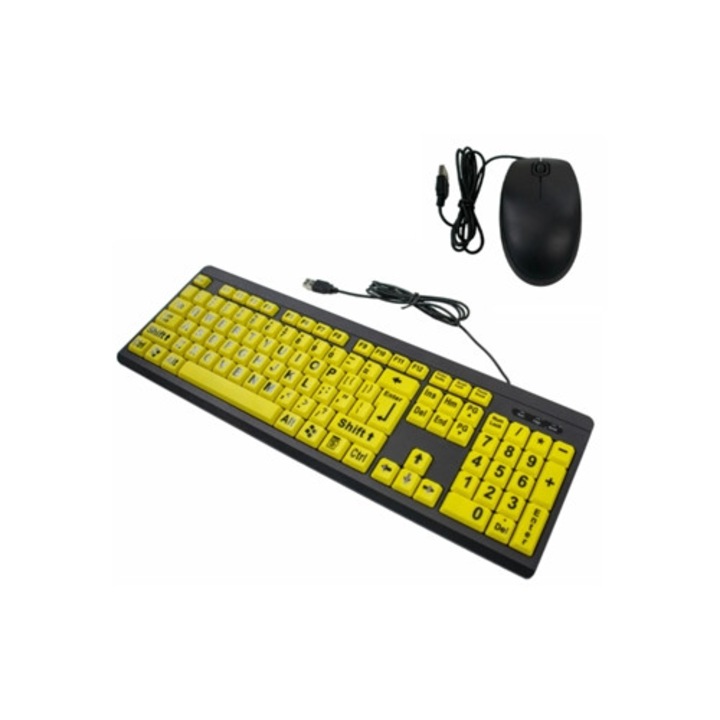 Пълен размер USB клавиатура и мишка, жълто и черно, комплект