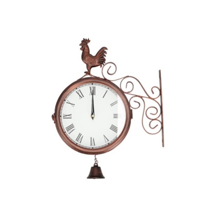 Ceas decorativ din fonta, dublu fata, bronz antic, rotund, cu cifre romane