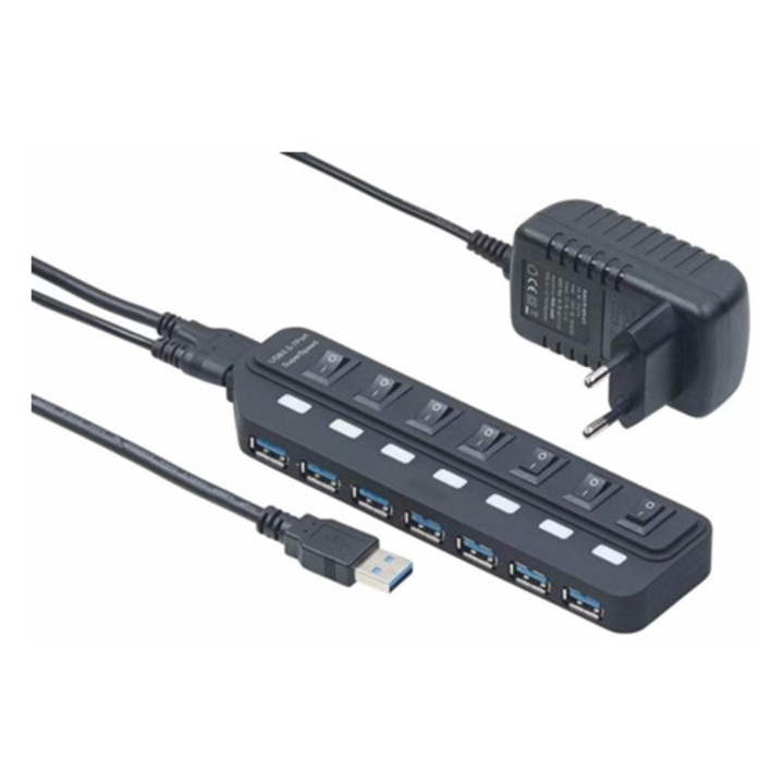 Aktív USB 3.0 hub 7 porttal, 2A tápegység, egyedi kapcsolók