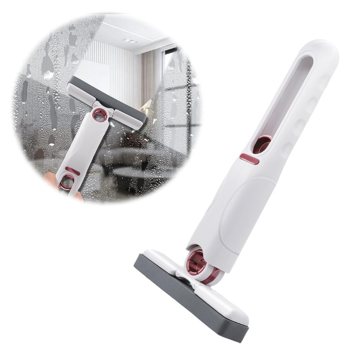 Mini mop manual cu burete absorbant, pliabil, stoarcere cu o singura mana, alb