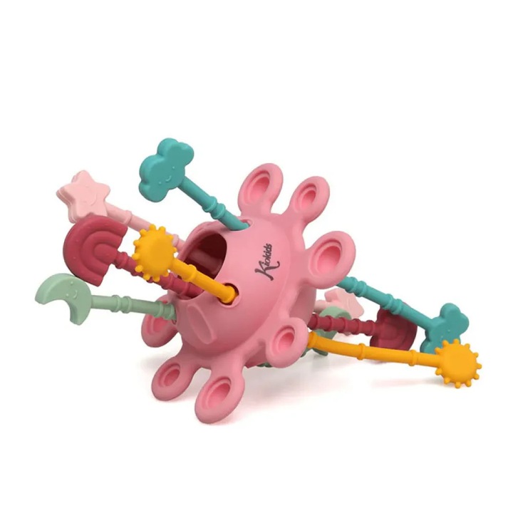 Jucarie pentru dentitie, Kiokids, set 25 cm, silicon, roz