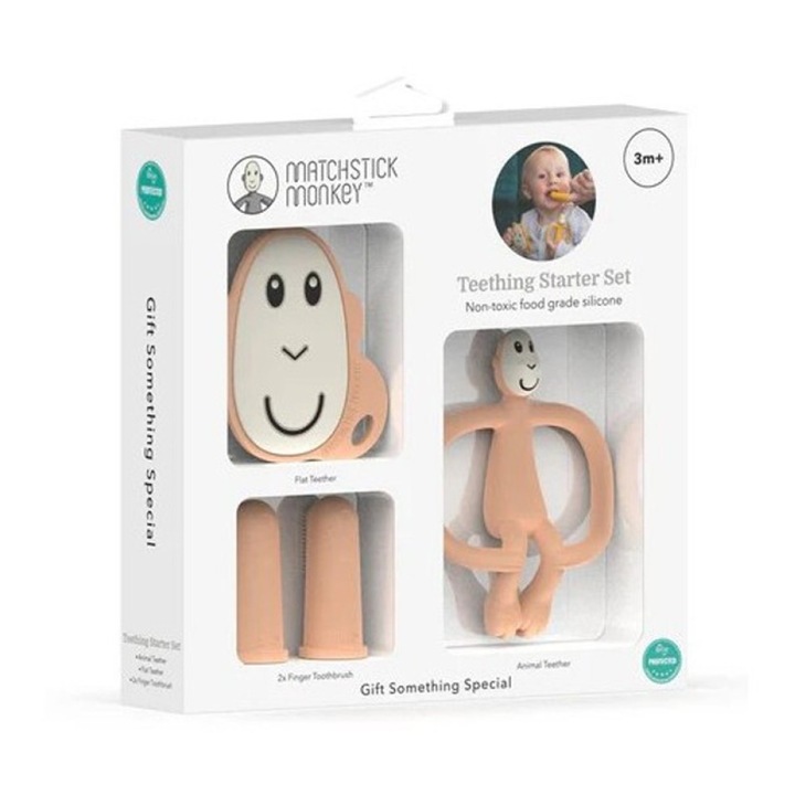 Set Jucarii pentru Dentitie Matchstick Monkey, Teething Starter Set, 3 tipuri, piersica