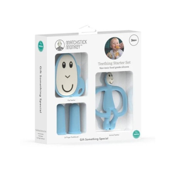 Set Jucarii pentru Dentitie Matchstick Monkey, Teether Monkey, Teether Plat, Periuta de dinti din silicon, Albastru deschis, 11x8cm, 5,4cm