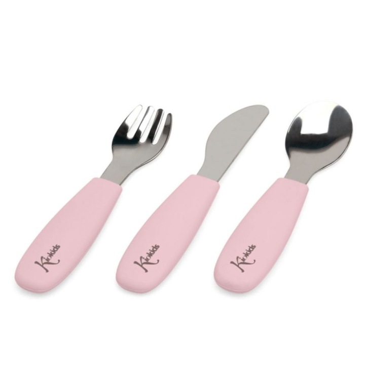 Set 3 tacamuri de masa pentru copii Kiokids, inox 304 si silicon, roz, 14cm