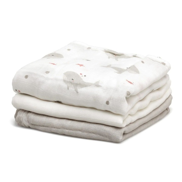 Paturici bebe Kiokids Mouselina Bamboo Whales set 3 buc, 70x70cm, multicolor