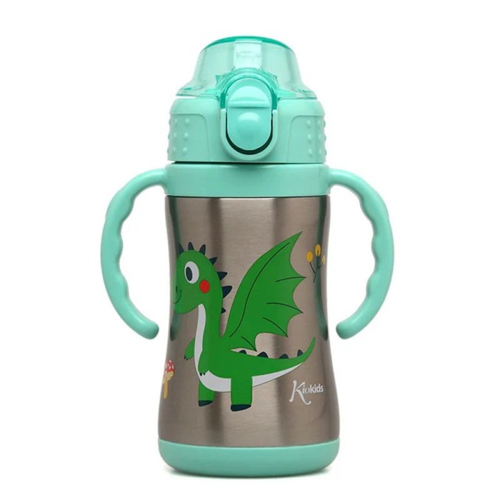Cana termos Kiokids Dragon 280ml 6m+, inox, rezistent la impact, mentine temperatura 10 ore, 12 ore rece