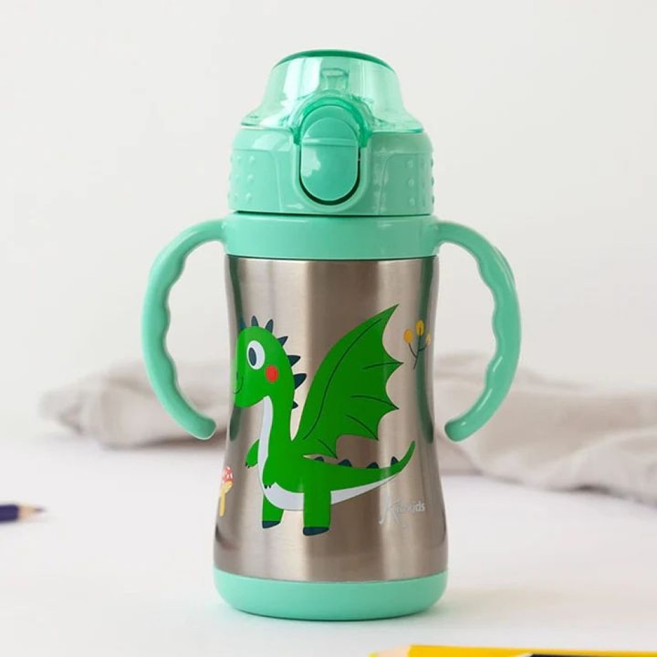 Cana termos Kiokids Dragon 280ml 6m+, inox, rezistent la impact, mentine temperatura 10 ore, 12 ore rece