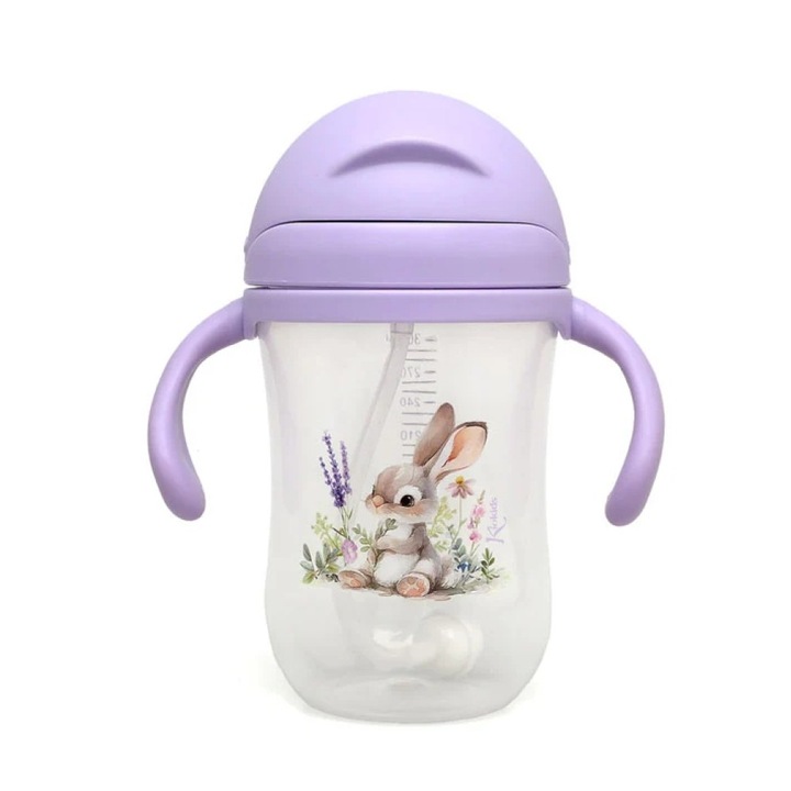 Cana apa pentru copii Kiokids Lavender Bunny 300ml, cu capac, BPA free, 6 luni+
