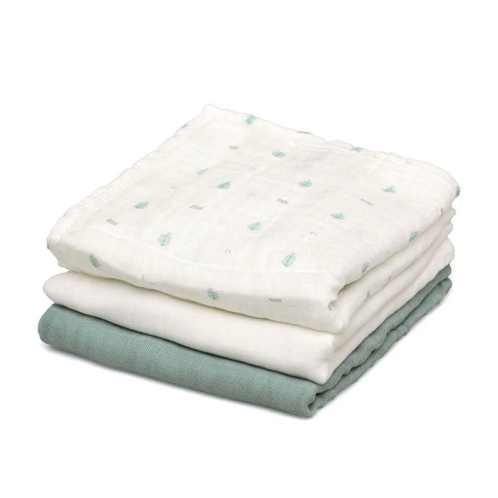 Paturici bebe Kiokids Muselina Bamboo Petit Mint, set 3 buc, 70x70cm, antibacterian, termic