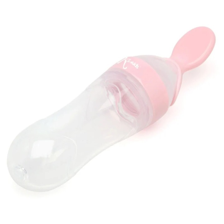 Lingurita de hranire pentru bebelusi Kiokids, set 90ml, roz, pentru copii 6+ luni