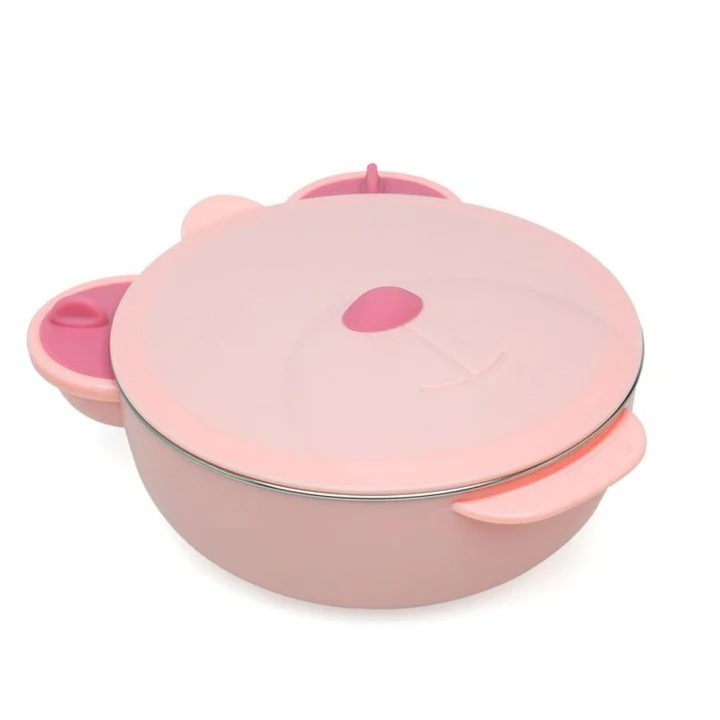 Termos pentru mancare Kiokids, model Ursulet roz, 450ml, inoxidabil, cu capac aerostegos