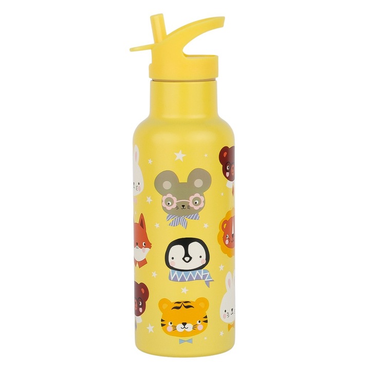 Детска бутилка A Little Lovely Company XL, 500мл, инокс, двоен слой, Animal Friends, 7,3x24,3x7,3см