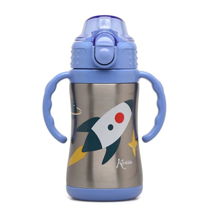 Sticla Termos Kiokids Space Rocket 280ml 6m+, inox, capac cu buton, cu pai silicon