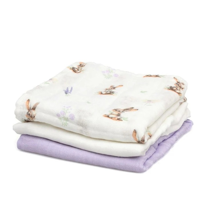 Paturici bebe Kiokids Mouselina Bamboo Lavender Bunny set 3tm, 70x70cm, multicolor