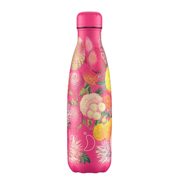 Termos Chilly's Floral Pink Pompoms 500ml, 24 ore rece, 12 ore cald, inox 304