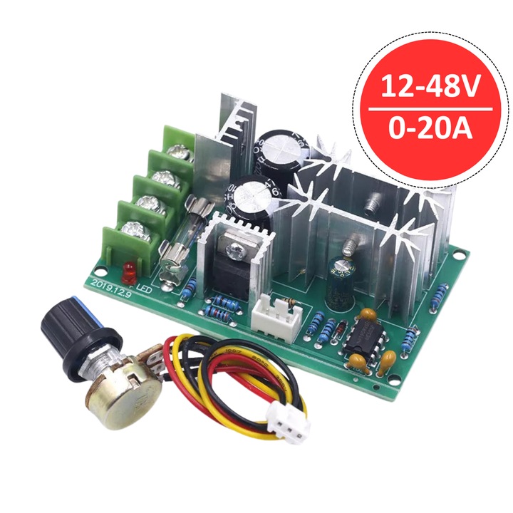 Omelivon DC motor fordulatszám szabályzó 12V-48V 20A, potenciométeres vezérlés, 1200W, méretek 77x45x28mm