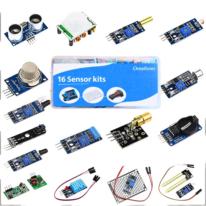 16 az 1-ben robotika szenzorkészlet, Omelivon, Arduino és Raspberry Pi-hez, ultrahangos és hőmérséklet modul, doboz mellékelve