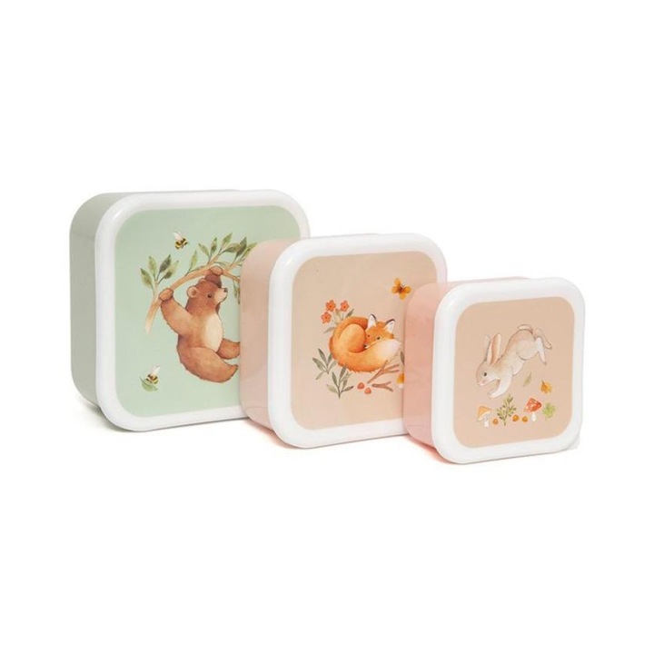 Set cutii alimentare Petit Monkey Bear & Friends, 3 bucati, multicolor, dimensiuni: 12x12x5cm, 5x10.5x10.5cm, 9x9x4.8cm