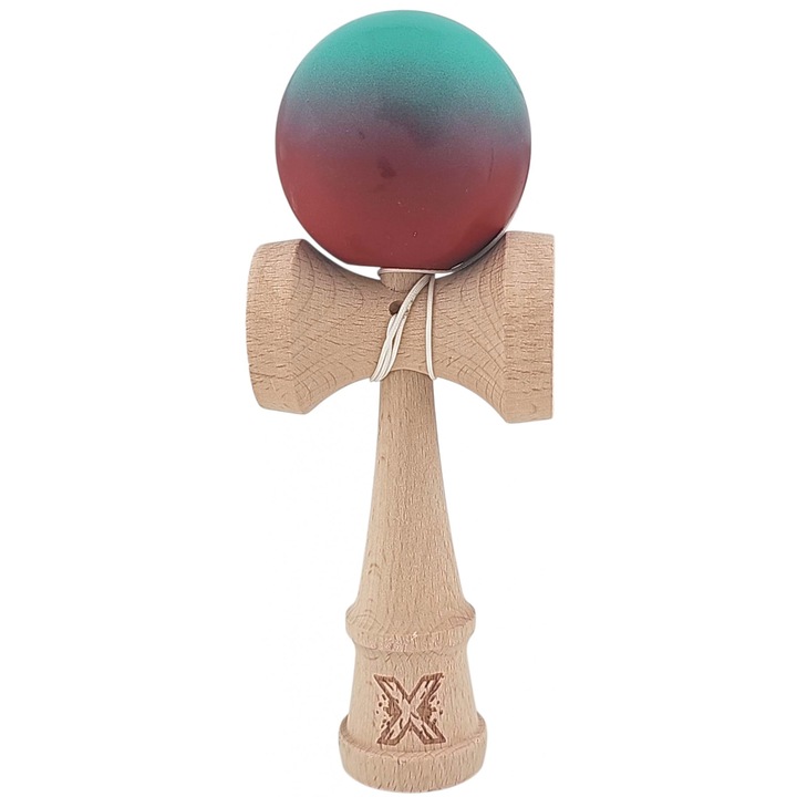 Kendama profesionala, lemn, Rubber Grip, 18 cm, rosu/verde