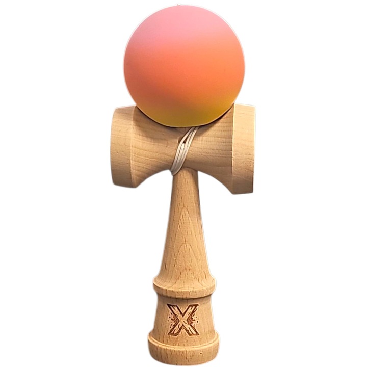 Kendama, Profesionala, Lemn, Rubber Grip, Roz/Portocaliu/Galben, 18 cm