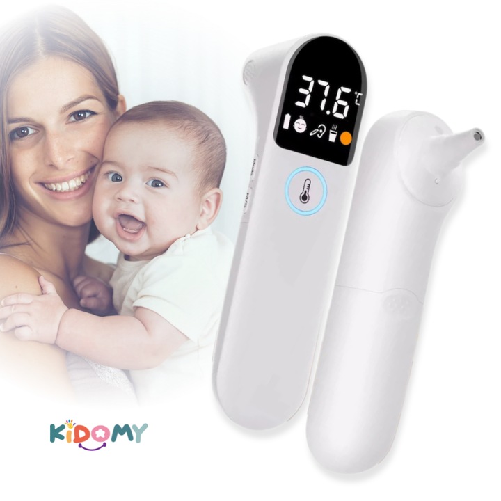 Termometru digital KIDOMY pentru copii și adulți, non-contact, masurare rapidă 1s, frunte/ureche, 32 memorii