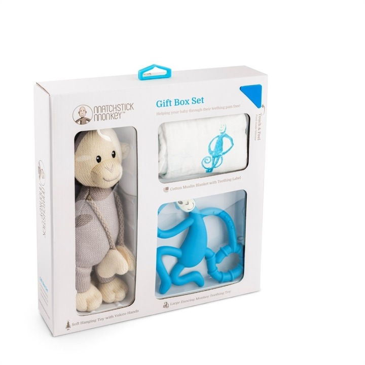 Set cadou pentru dentitie Matchstick Monkey, maimutica crem, 100% bumbac organic, 70x70cm, 0+ luni