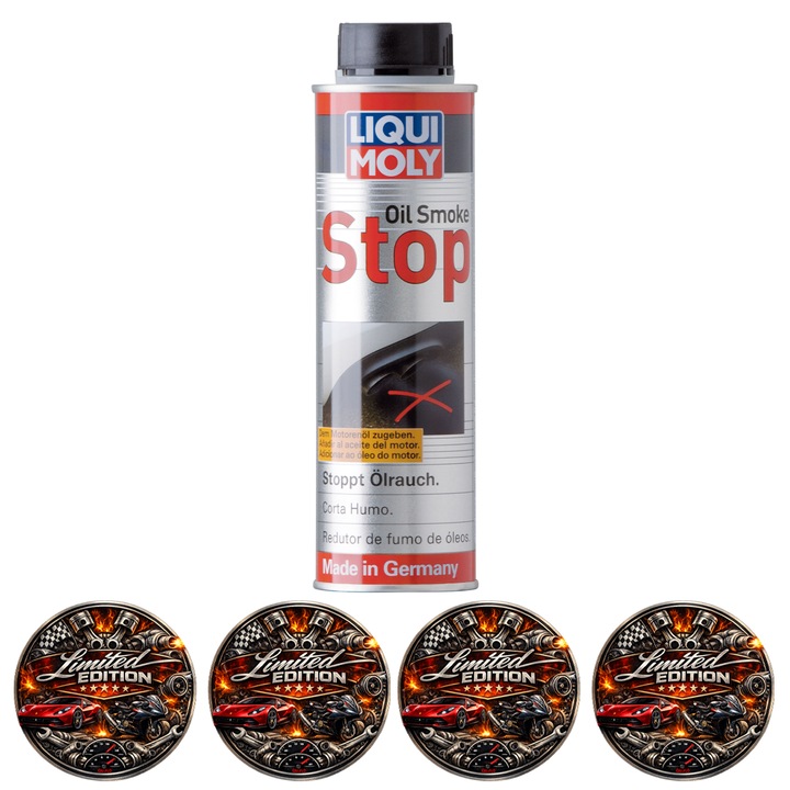 Aditiv ulei motor Liqui Moly Oil Smoke Stop, 300 ml, reduce fum albastru, stabilizator viscositate, set 4 stickere auto