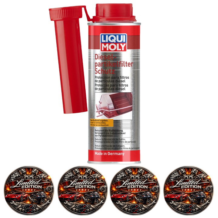 Aditiv motorină Liqui Moly, Protecție Filtru Particule Diesel, Capacitate 250 ml, Set 4 Stickere auto