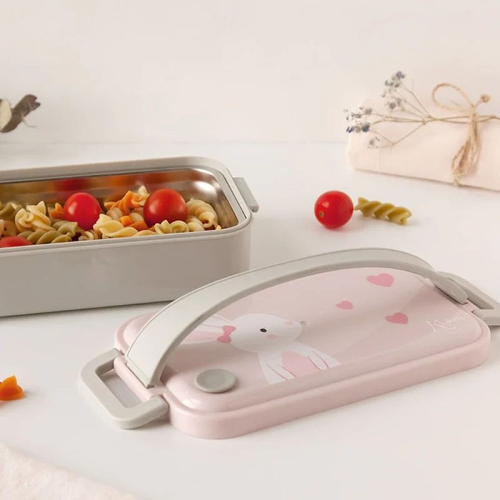 Recipient pentru mancare Kiokids Lovely Bunny 550ml, inox, 19x11x6cm