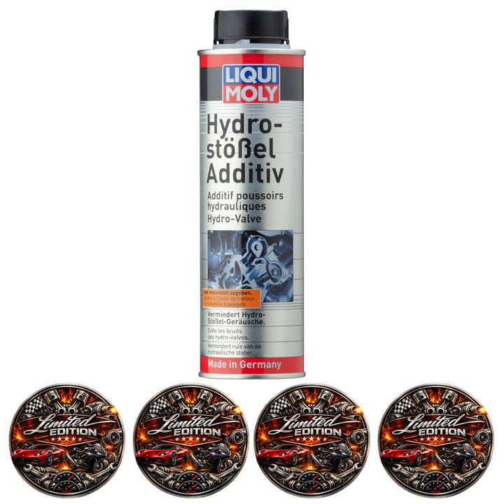 Aditiv tacheti hidraulici Liqui Moly, 300ml, pentru motoare benzină și diesel, portocaliu, set 4 stickere auto