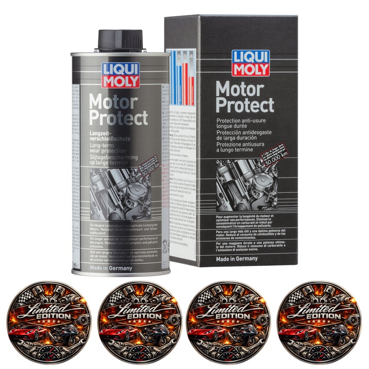 Aditiv Ulei Motor Liqui Moly Motor Protect, 500ml, protectie uzura, consum redus, rosu-maroniu, set 4x sticker auto