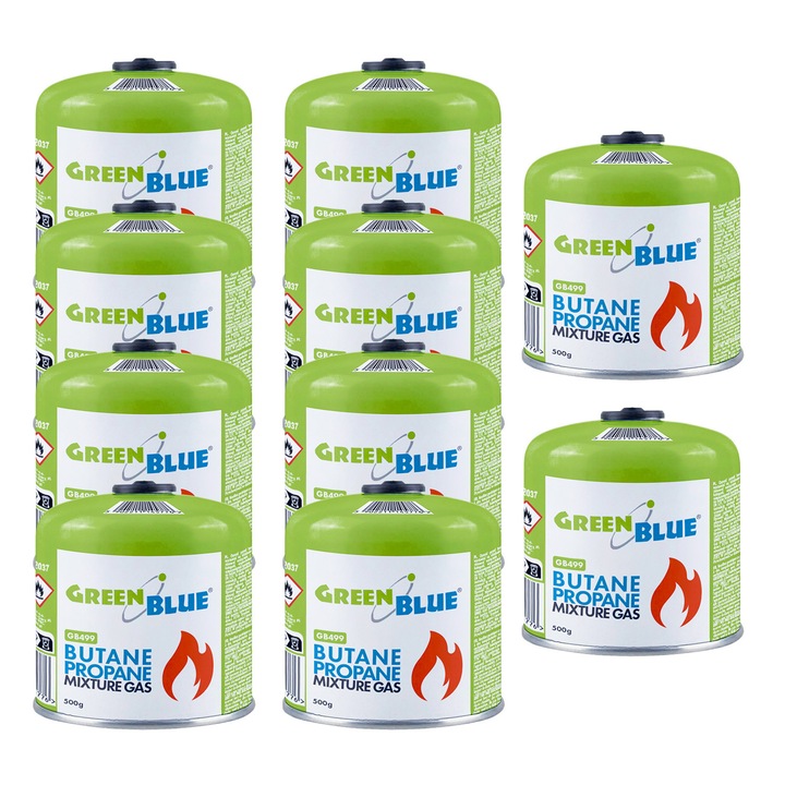 Set 10 cartușe de gaz GreenBlue 500g, butan-propan, interval temperatură -10°C la +40°C, robinet filetat 7/16''