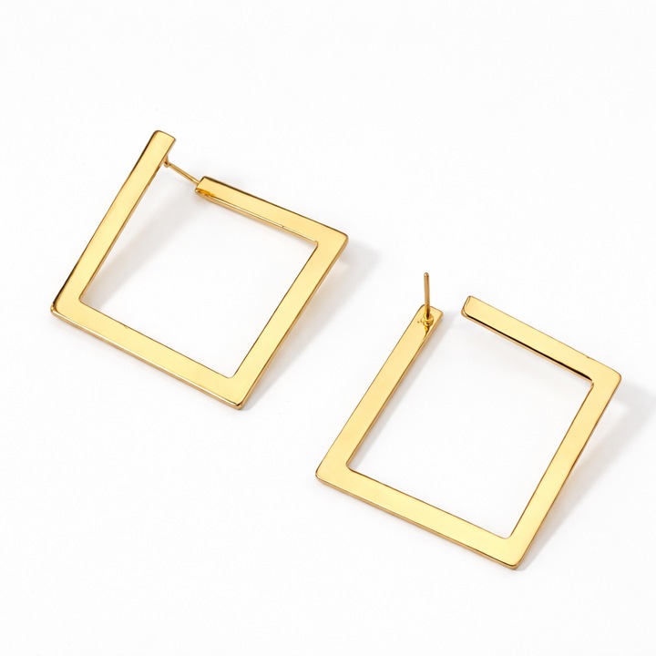 Antiallergén rozsdamentes acél 4 cm-es négyzet alakú arany geometriai fülbevaló – Elegáns minimalista design