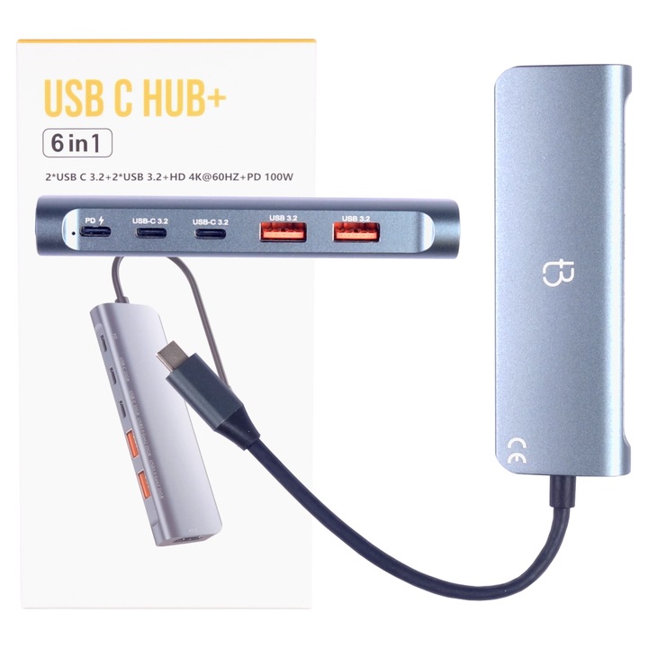 6 az 1-ben dokkolóállomás, HDMI 4K@60Hz, 2x USB-C, 2x USB, Power Delivery 100W, grafit, Tradebit