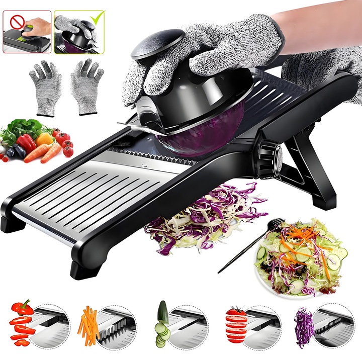 YOUKUKE® Multifunkcionális Reszelő, Zöldségekhez és Gyümölcsökhöz, Állítható vágási vastagság 4.5-9 mm, 2 Julienne opció, Csúszásmentes talp, Kivehető rozsdamentes acél pengék, Kefe és kesztyű és pengevédelem, Fekete